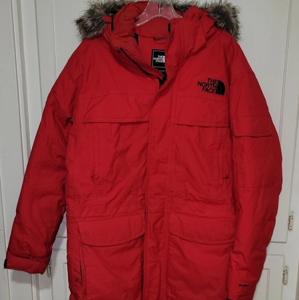 The North Face Fur Collar Goose Down Puffer Hyvent Red Down Puffer, Sz Med